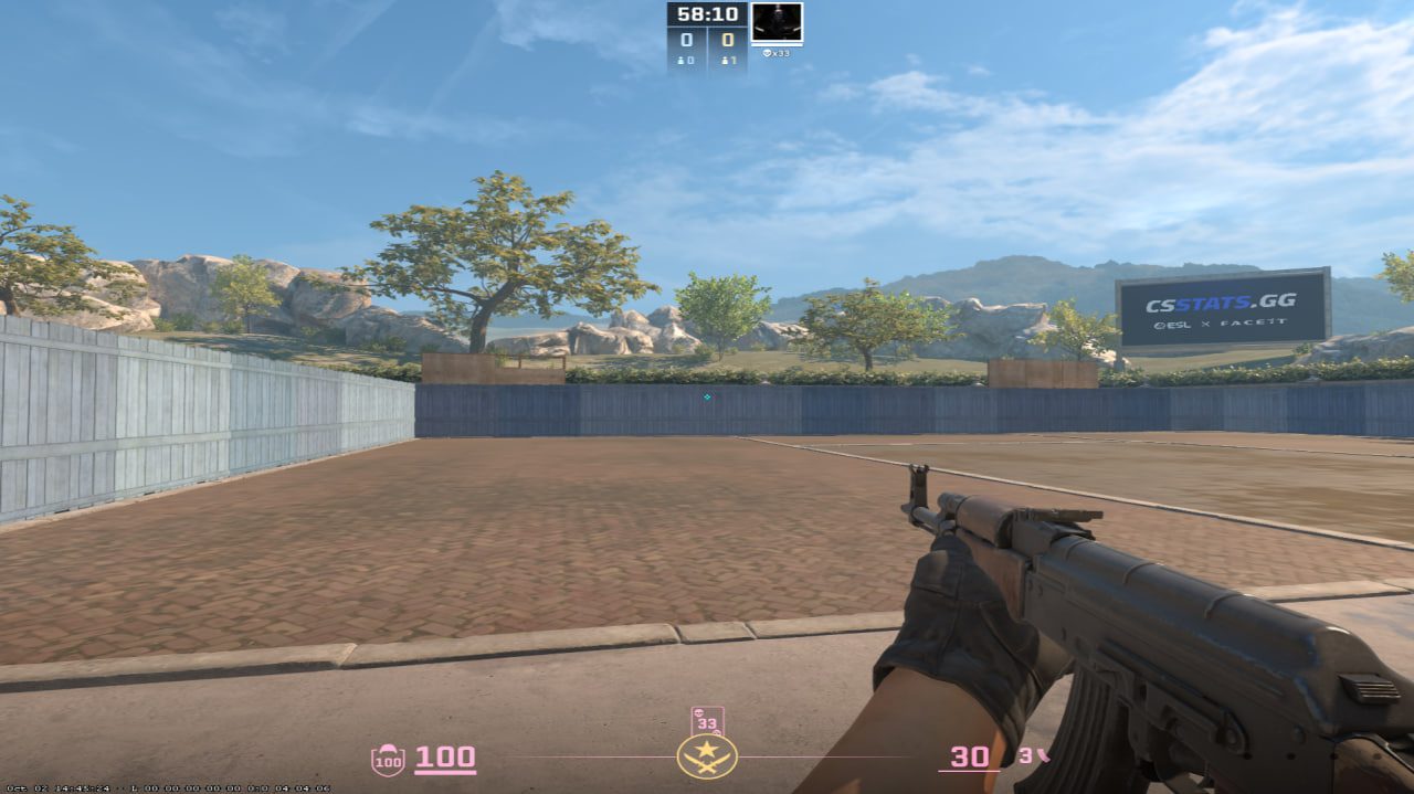 Вид от первого лица в CS2 с пресетом «длинный»: FOV 68, автомат AK-47 в правом нижнем углу экрана
